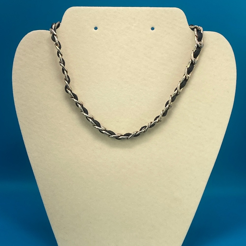 Fashion Silver‎ Tone Chain & Black Cord Woven Necklace Hook Clasp Choker Style
